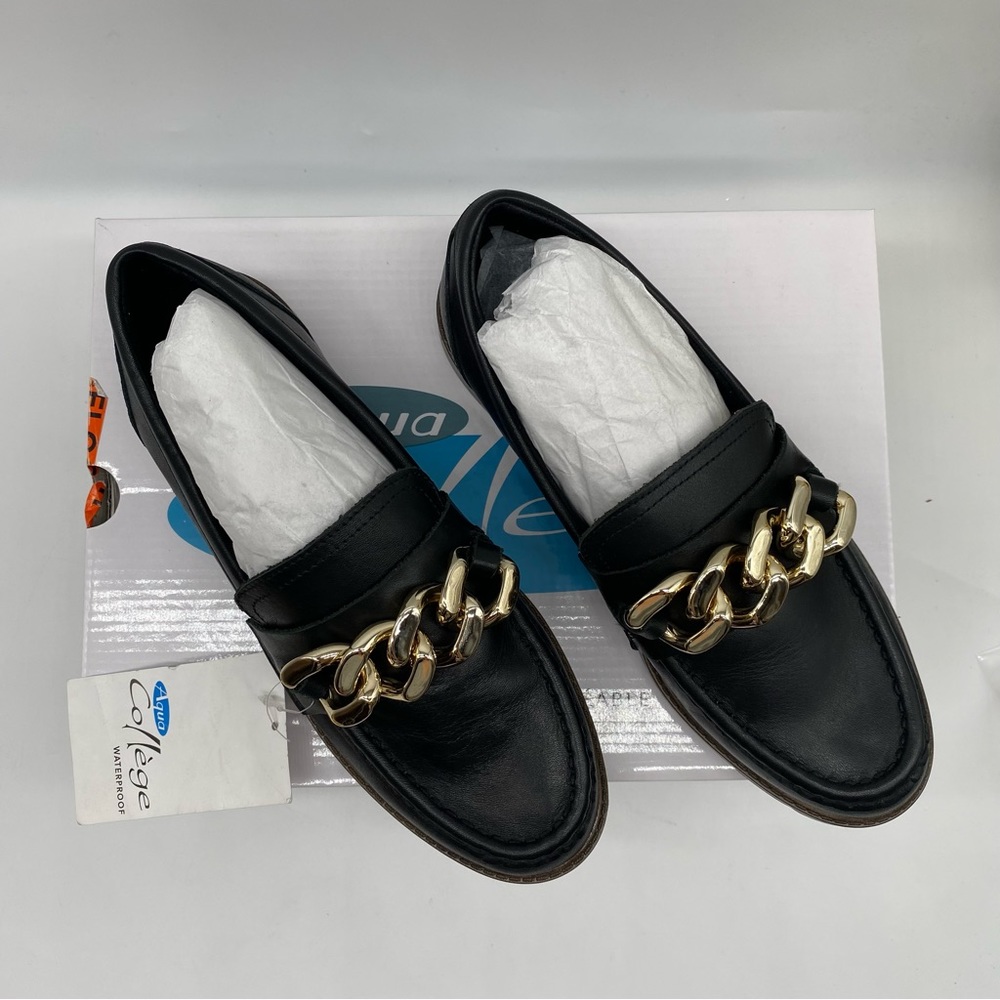 AQUA COLLEGE Women's Hessa Waterproof Lug Sole Loafers in black leather in 6.5M